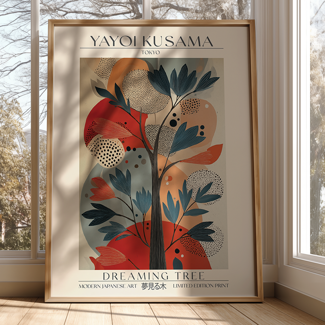 Framed Yayoi Kusama 'Dreaming Tree' artwork in a room with large windows.