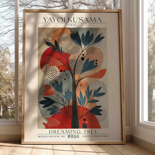 Framed Yayoi Kusama 'Dreaming Tree' artwork in a room with large windows.