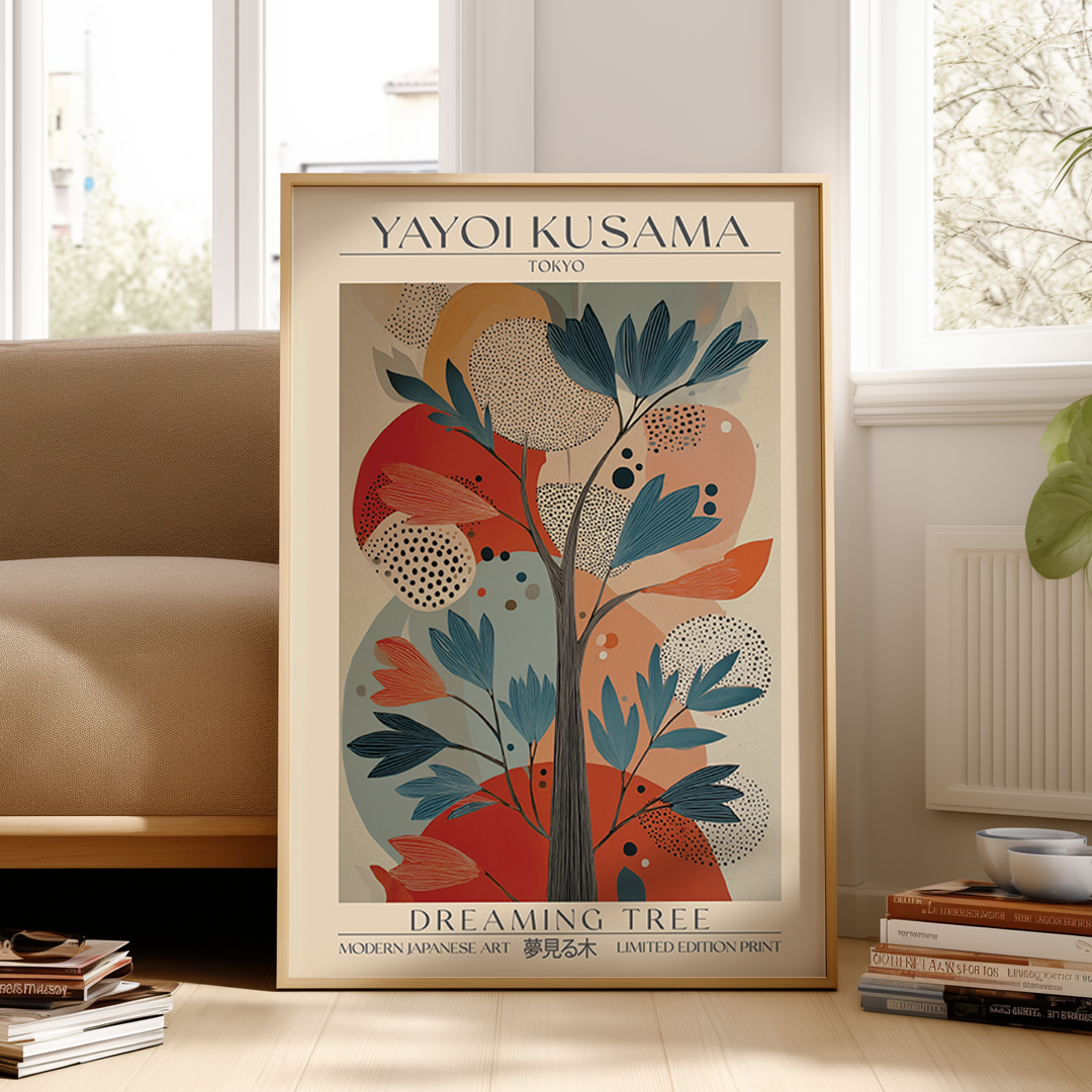 Framed Yayoi Kusama artwork titled 'Dreaming Tree' in a living room setting.