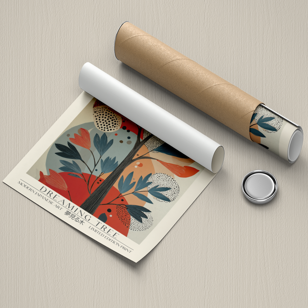 Art print with floral design on a textured surface, accompanied by a roll of paper and a button.