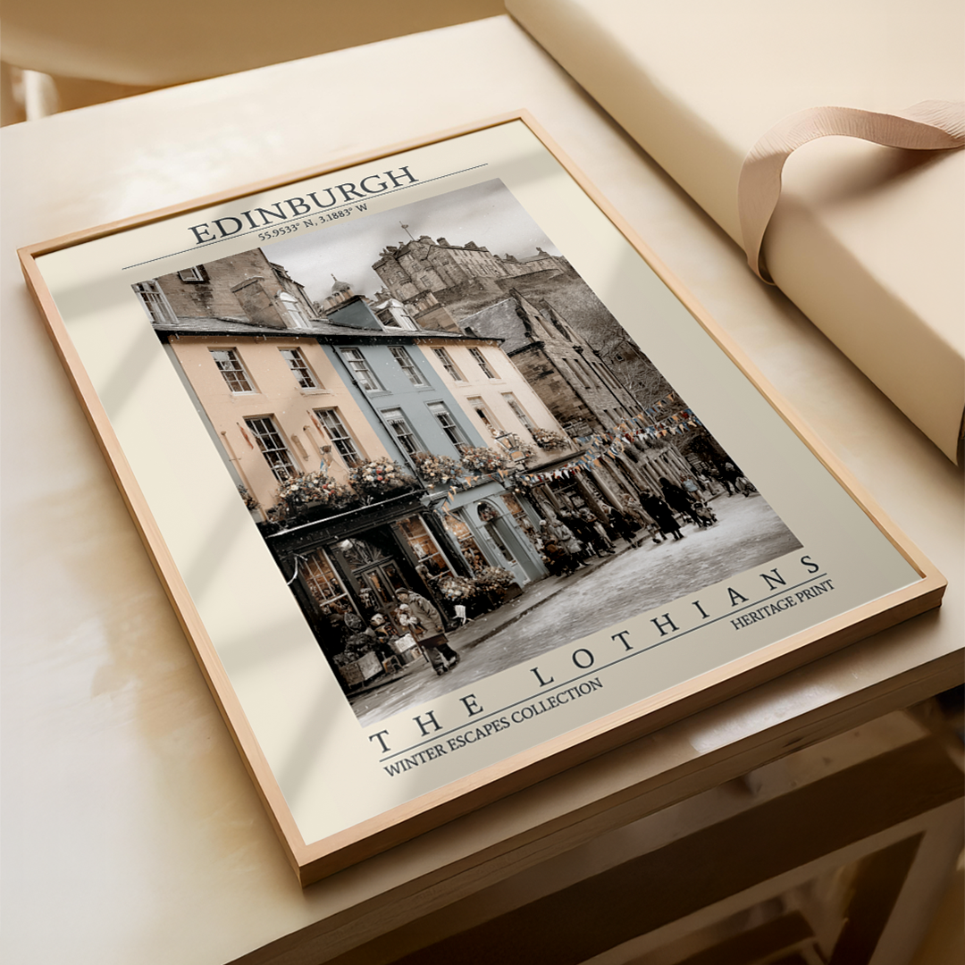 Framed print of Edinburgh architecture on a wooden surface