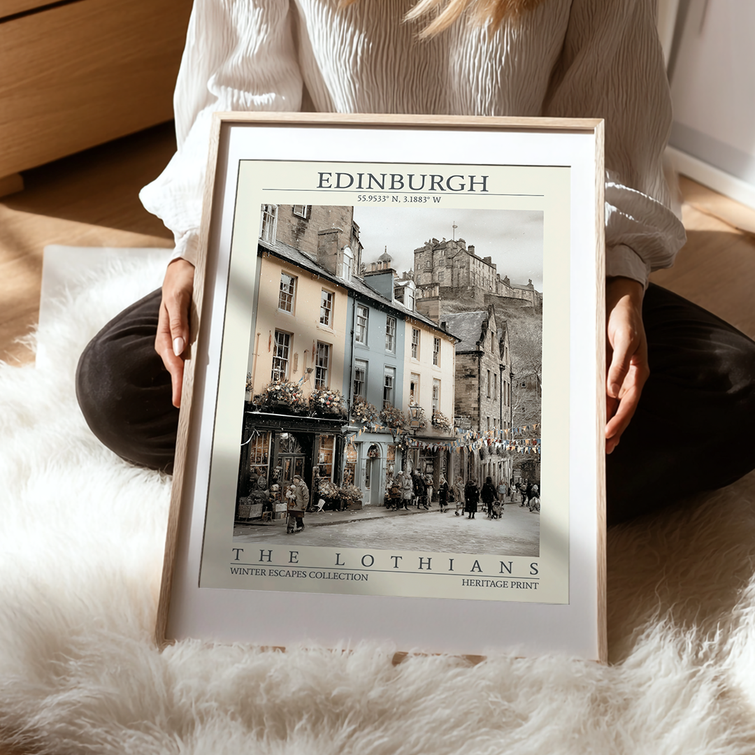 Person holding a framed print of Edinburgh with a scenic view of a street.