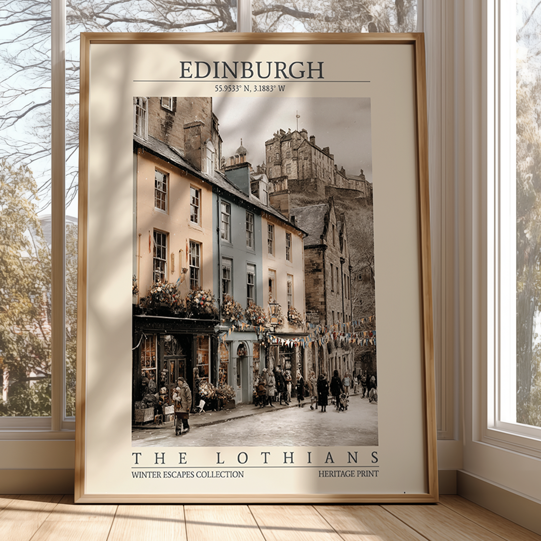 Framed poster of Edinburgh with a city street scene and historic architecture.