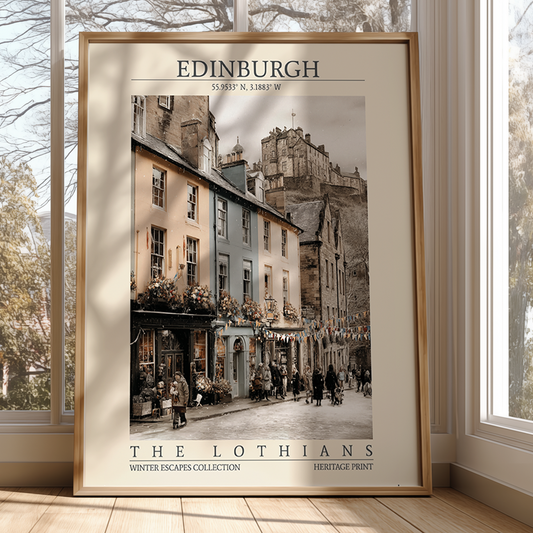 Framed poster of Edinburgh with a city street scene and historic architecture.