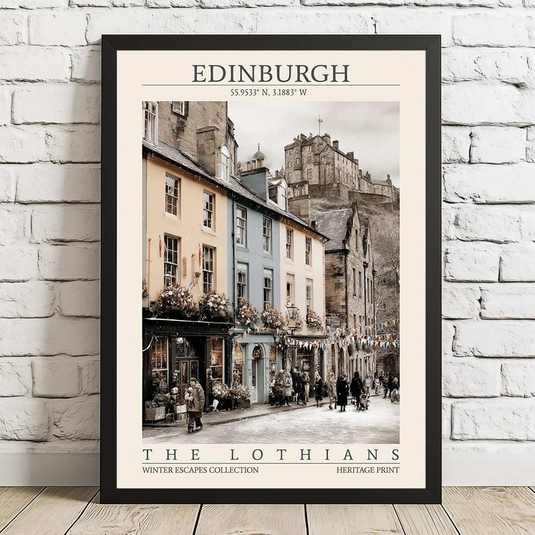 Framed Edinburgh poster on a white brick wall
