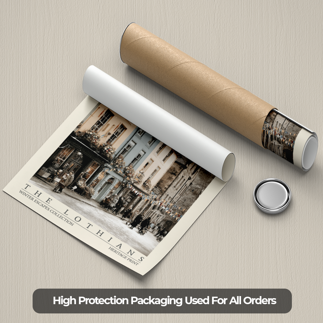 Roll of paper with printed design and a cylindrical object on a textured surface.