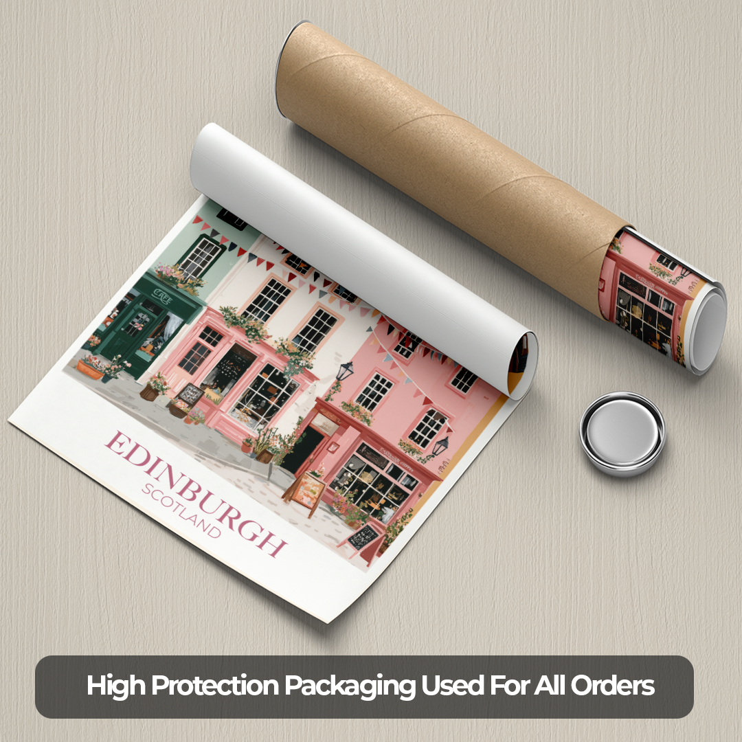 Roll of paper with Edinburgh, Scotland design and packaging materials on a textured surface.