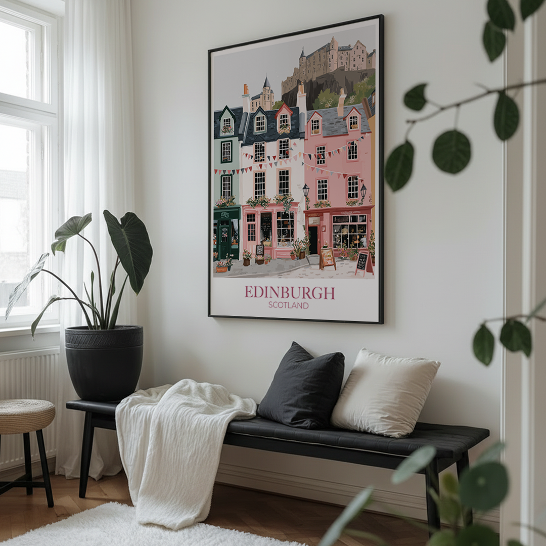 Living room with a bench, plant, and Edinburgh Scotland poster on the wall