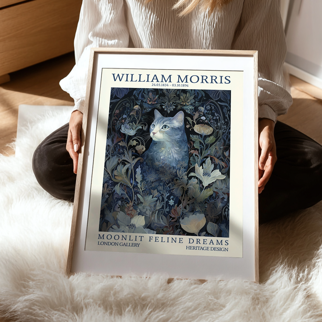 Person holding a framed artwork titled 'Moonlit Feline Dreams' by William Morris on a soft surface.