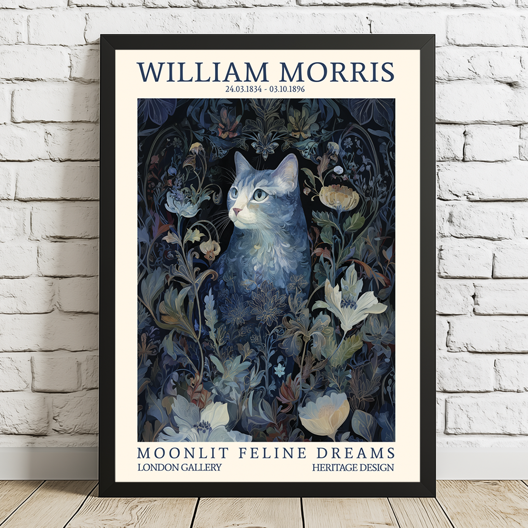 Framed artwork of a cat among flowers with 'William Morris' text on a white brick wall.