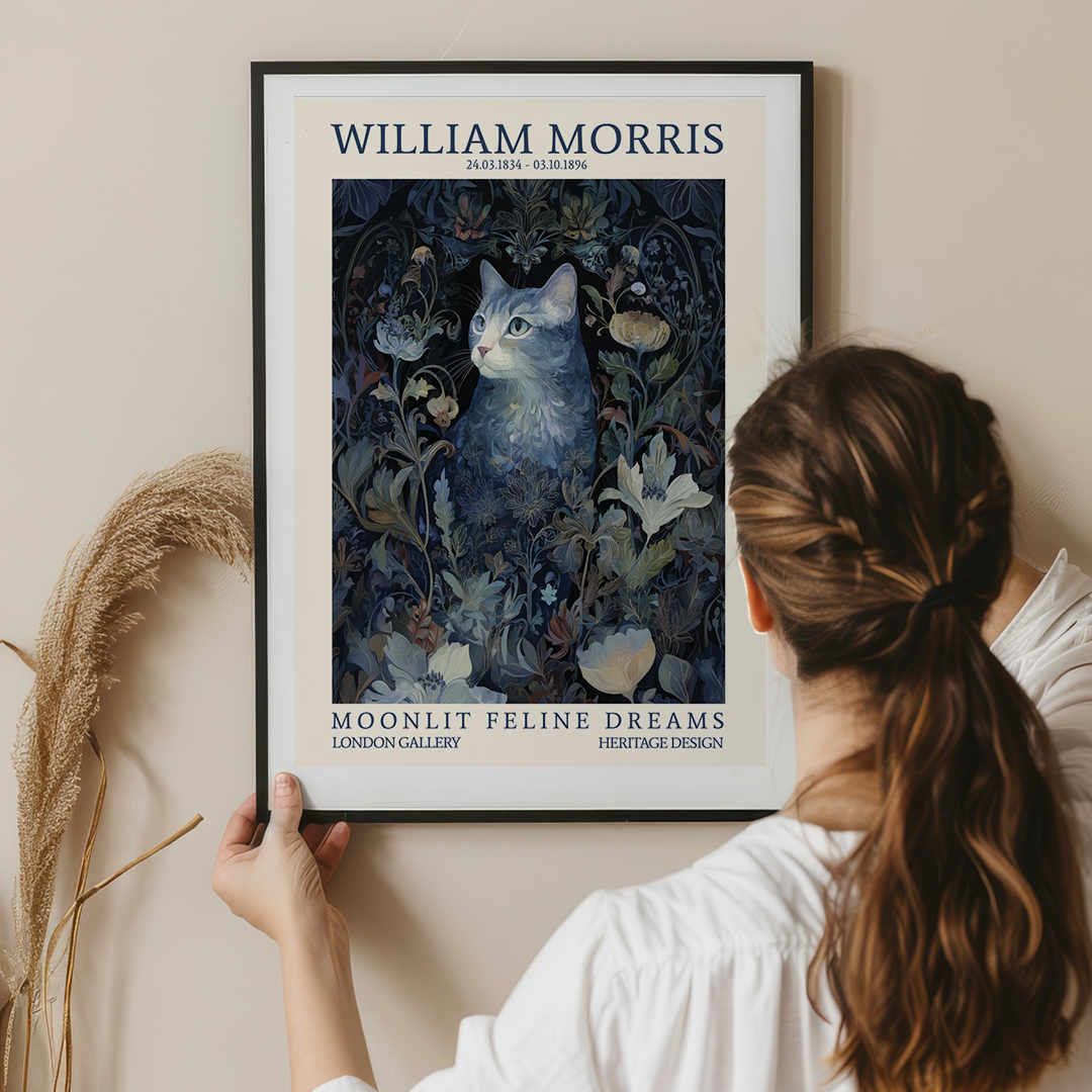 Woman holding a framed artwork of a cat among flowers with 'William Morris' branding.