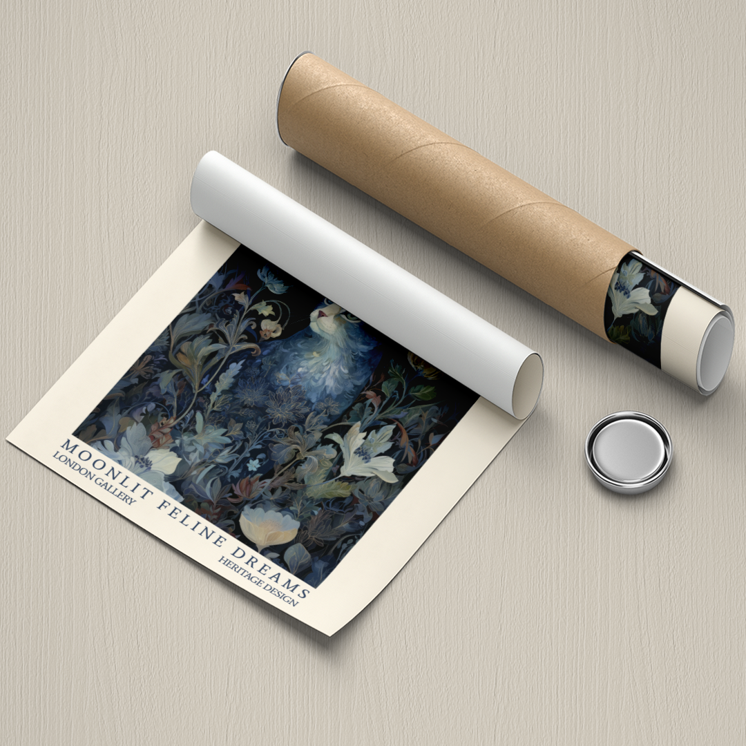 Unrolled poster with 'Moonlit Feline Dreams' design on a beige surface with a roll of paper and a button.