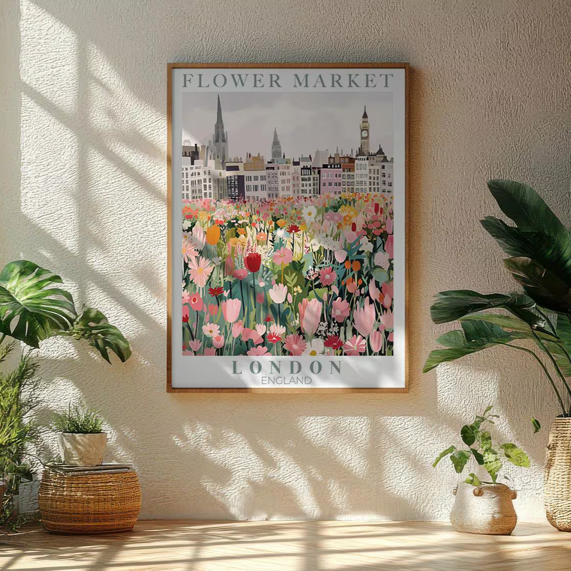 Illustrated poster of the London Flower Market featuring vibrant floral arrangements in the foreground and iconic London architecture, including Big Ben and a red double-decker bus, in the background. Styled in a cozy interior with natural light and plants