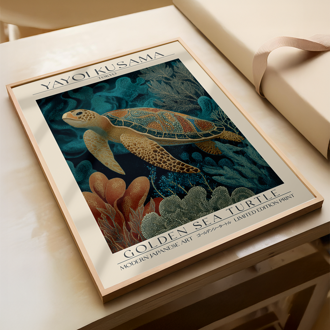 Framed artwork of a turtle by Yayoi Kusama on a wooden surface