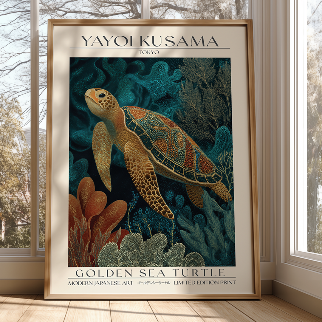 Framed Yayoi Kusama poster of a golden sea turtle in an underwater setting.