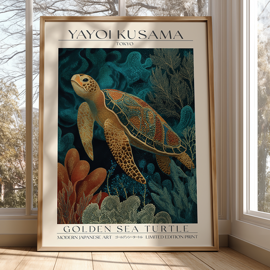 Framed Yayoi Kusama poster of a golden sea turtle in an underwater setting.