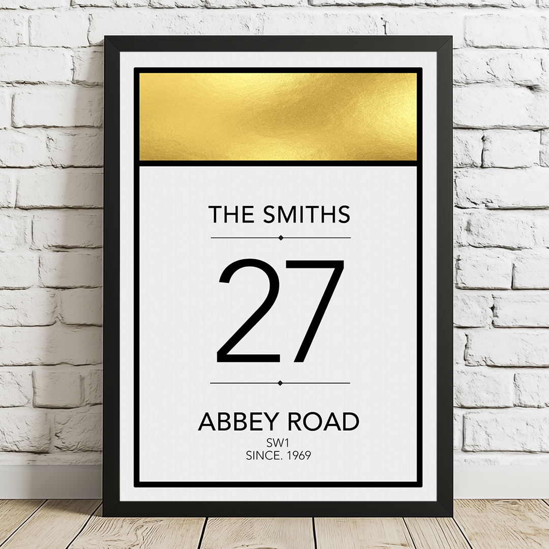 Framed print with 'The Smiths 27 Abbey Road SW1 Since 1969' on a white brick wall background