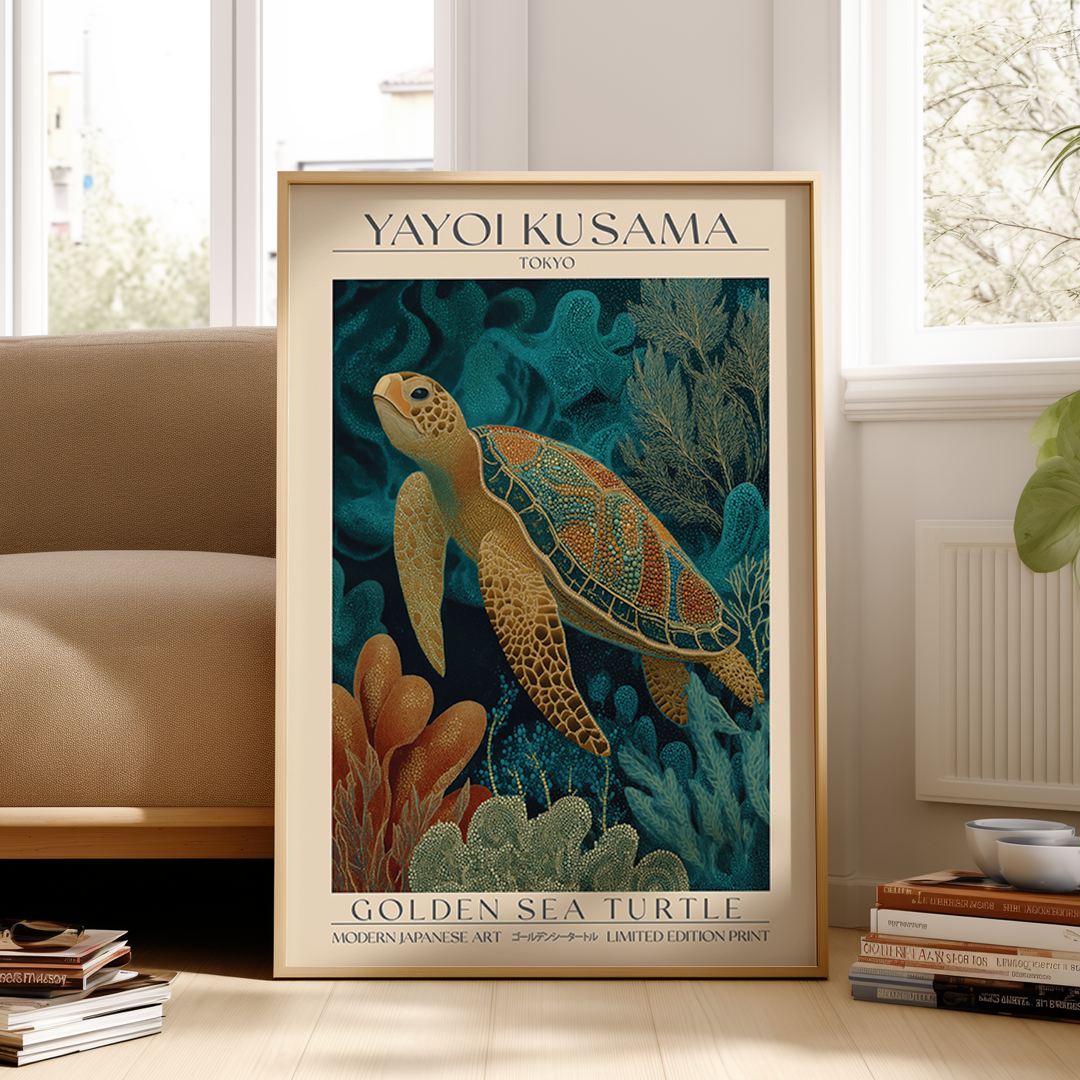 Framed Yayoi Kusama poster of a golden sea turtle in an indoor setting