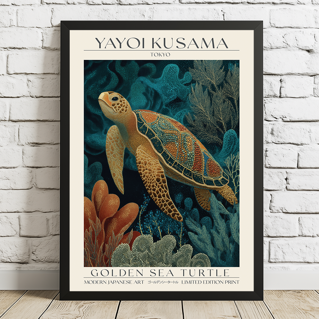 Framed Yayoi Kusama poster of a golden sea turtle on a white brick wall.