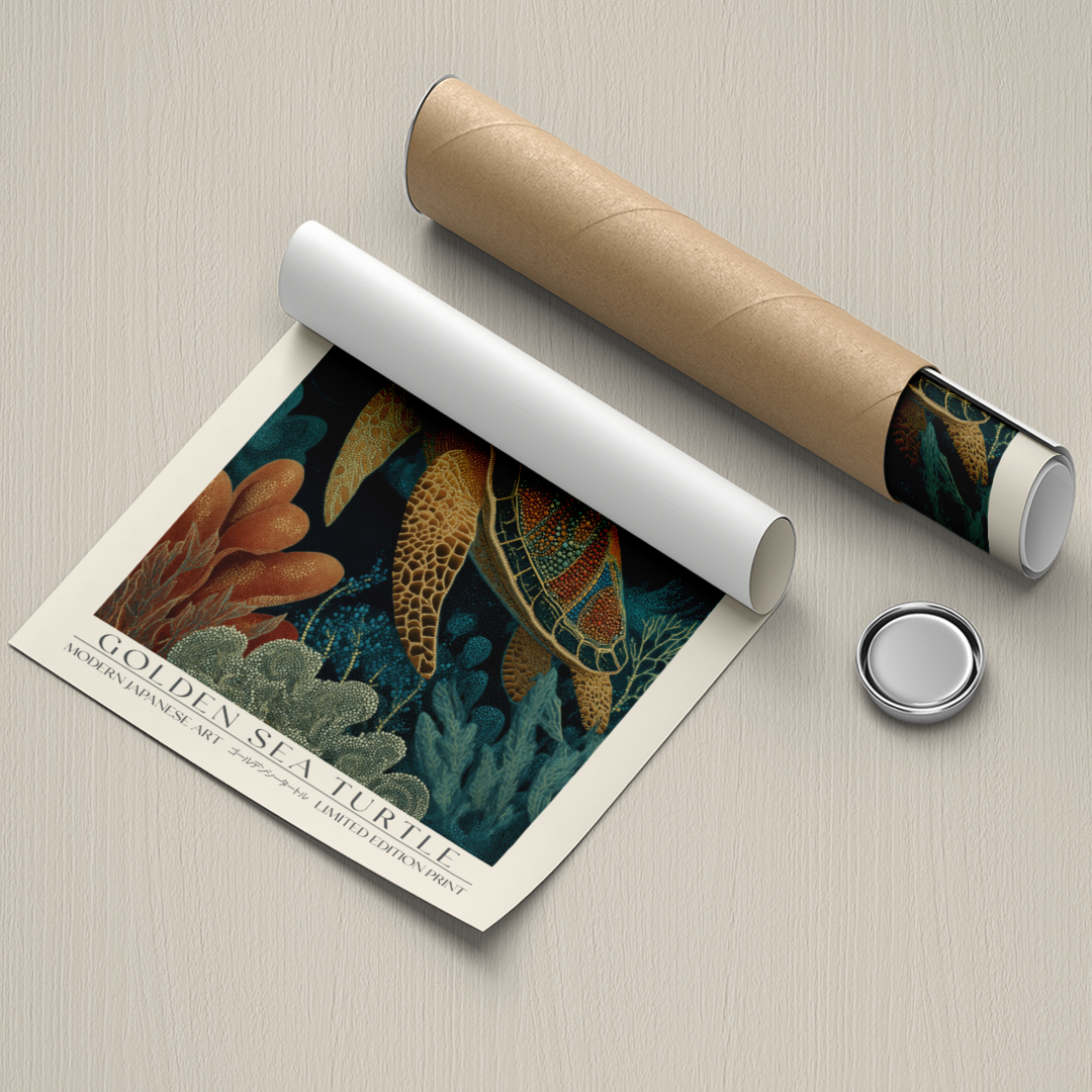 Art print of a sea turtle with a roll of paper and a button on a textured surface