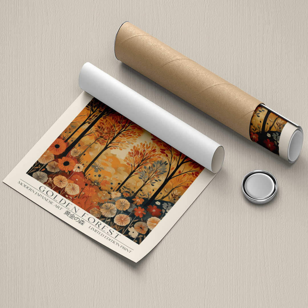 Art print titled 'Golden Forest' with a roll of paper and a button on a beige background