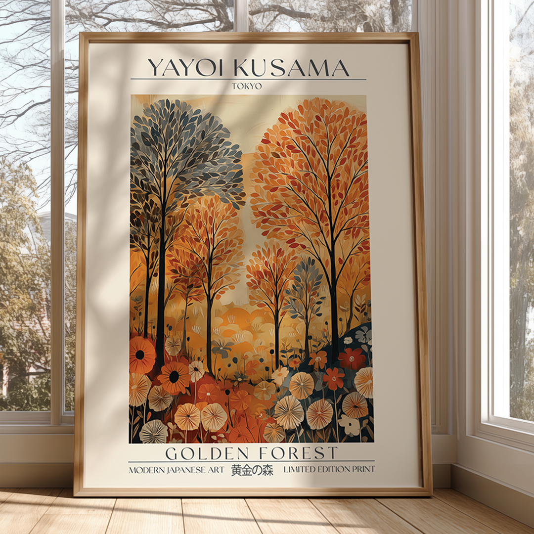 Framed Yayoi Kusama 'Golden Forest' artwork in a room with windows showing trees.