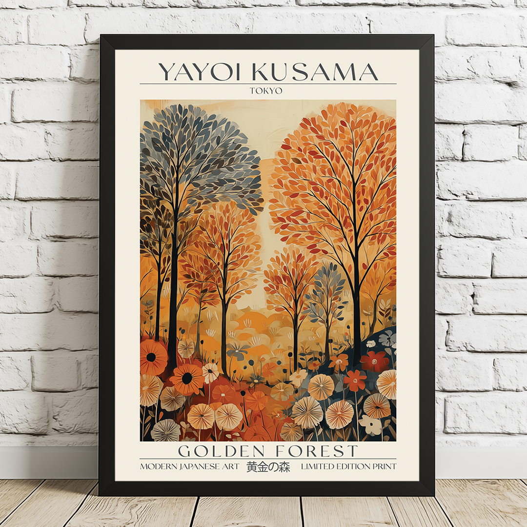 Framed artwork of 'Golden Forest' by Yayoi Kusama on a white brick wall.