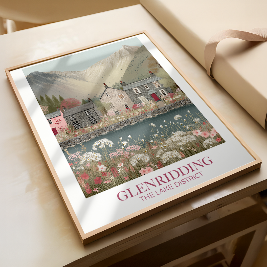 Framed artwork of a scenic landscape with a house and mountains, titled 'Glenridding The Lake District'.