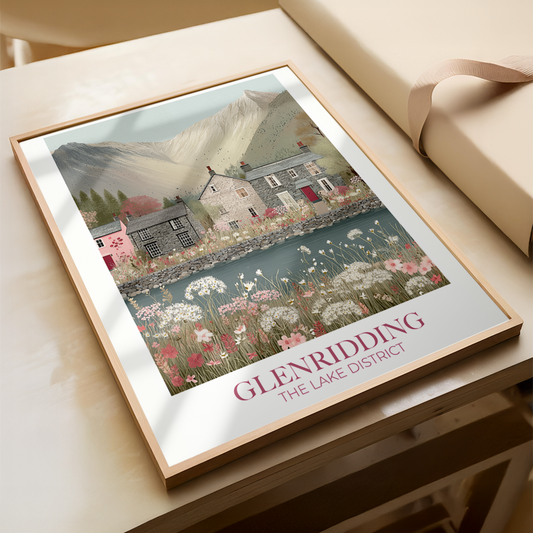 Framed artwork of a scenic landscape with a house and mountains, titled 'Glenridding The Lake District'.