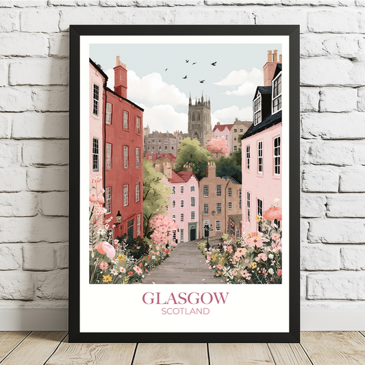 Framed artwork of a scenic view of Glasgow, Scotland, with colorful buildings and flowers on a white brick wall.