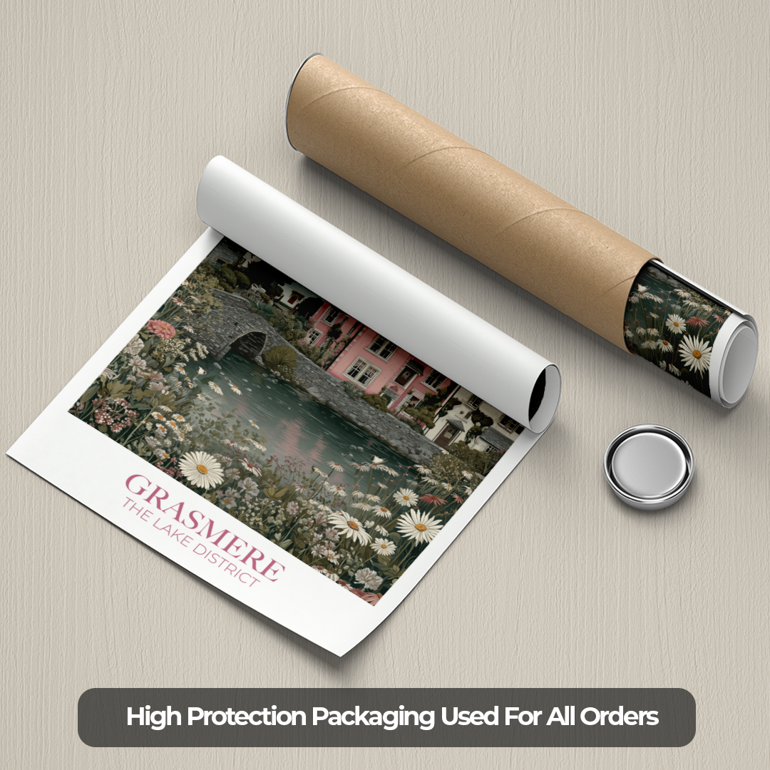 Roll of paper with a scenic print and a cylindrical packaging roll on a textured surface.