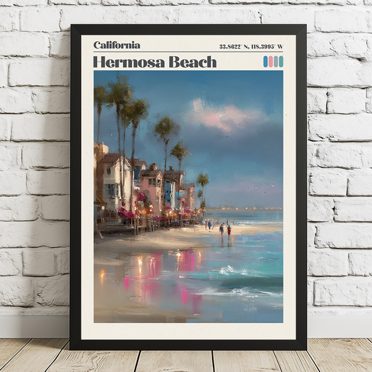 Framed poster of Hermosa Beach, California with a beach scene and palm trees.