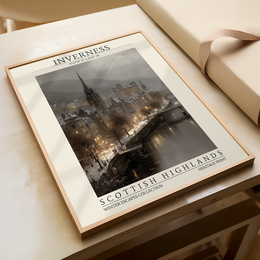 Framed print of Inverness in Scottish Highlands on a wooden surface