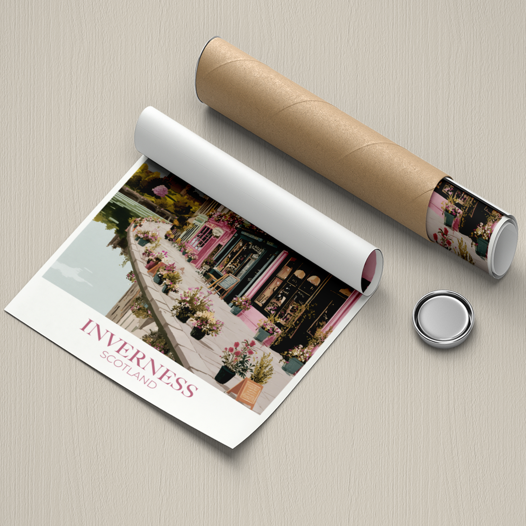 Roll-up poster with 'Inverness, Scotland' design on a textured surface