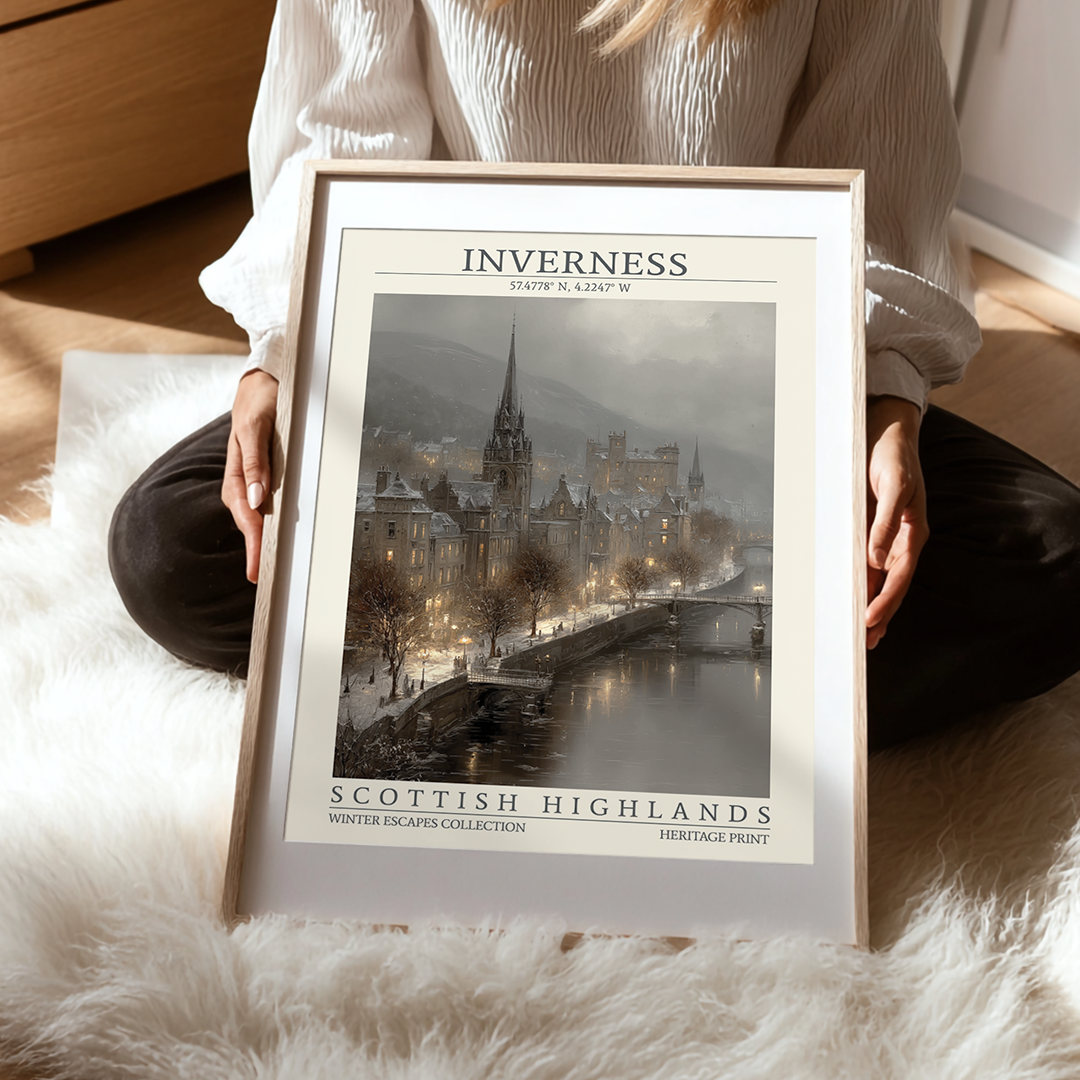 Person holding a framed print of Inverness in the Scottish Highlands