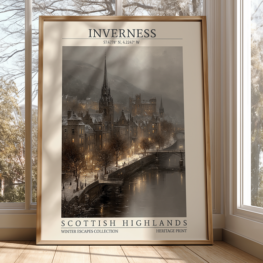 Framed poster of Inverness in Scottish Highlands with a cityscape and river view.