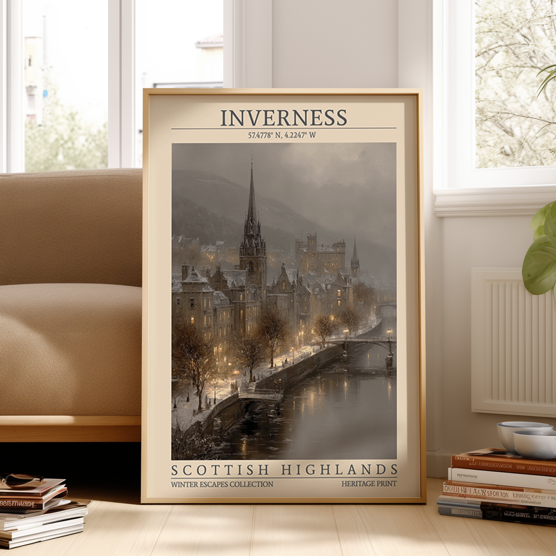 Framed poster of Inverness in Scottish Highlands on a wall in a room with a couch and books.