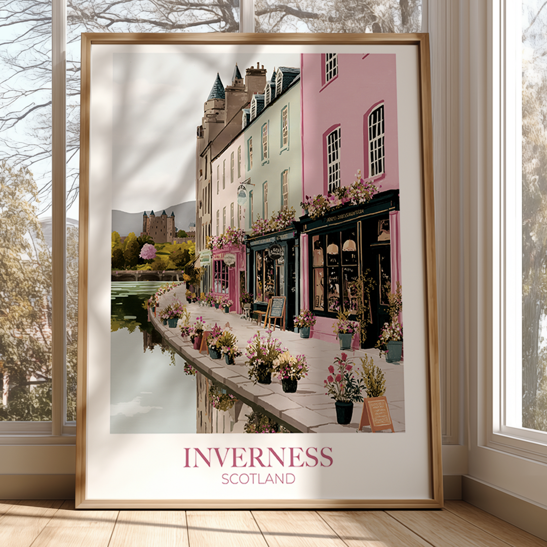 Framed print of Inverness, Scotland with a scenic view of buildings and a river.