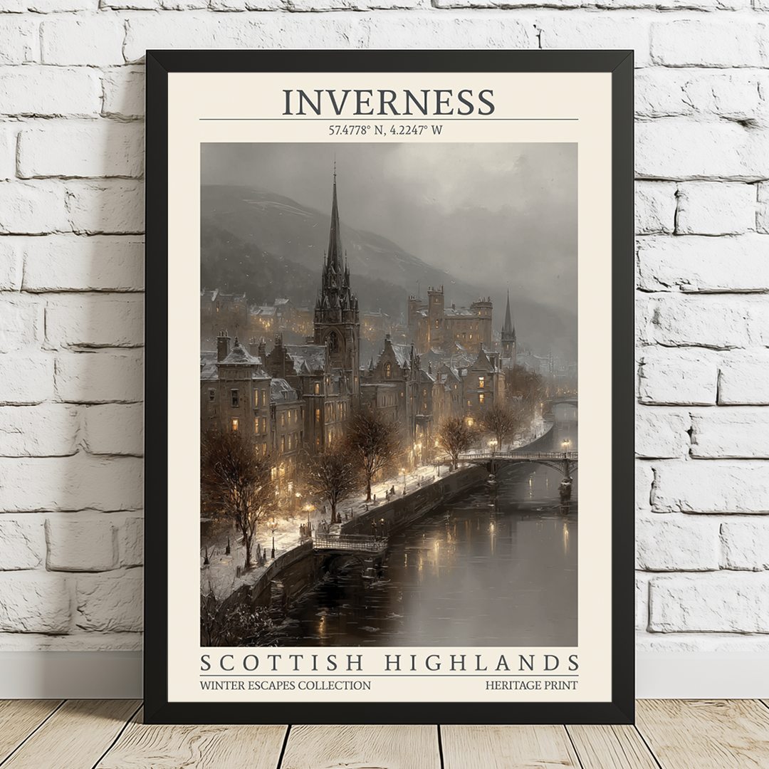 Framed poster of Inverness, Scottish Highlands on a white brick wall.