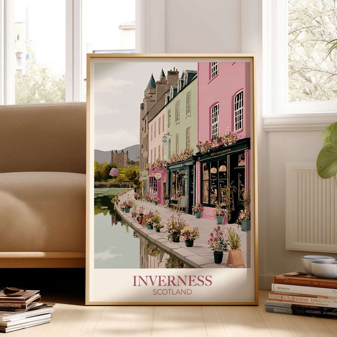Framed artwork of Inverness, Scotland with a pink building and canal.
