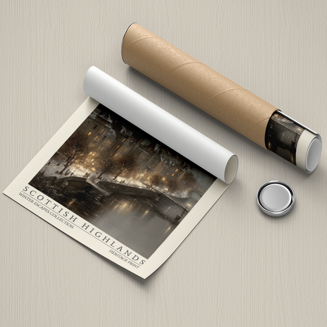 Roll of paper with a printed image of Scottish Highlands and a cylindrical object on a textured surface.
