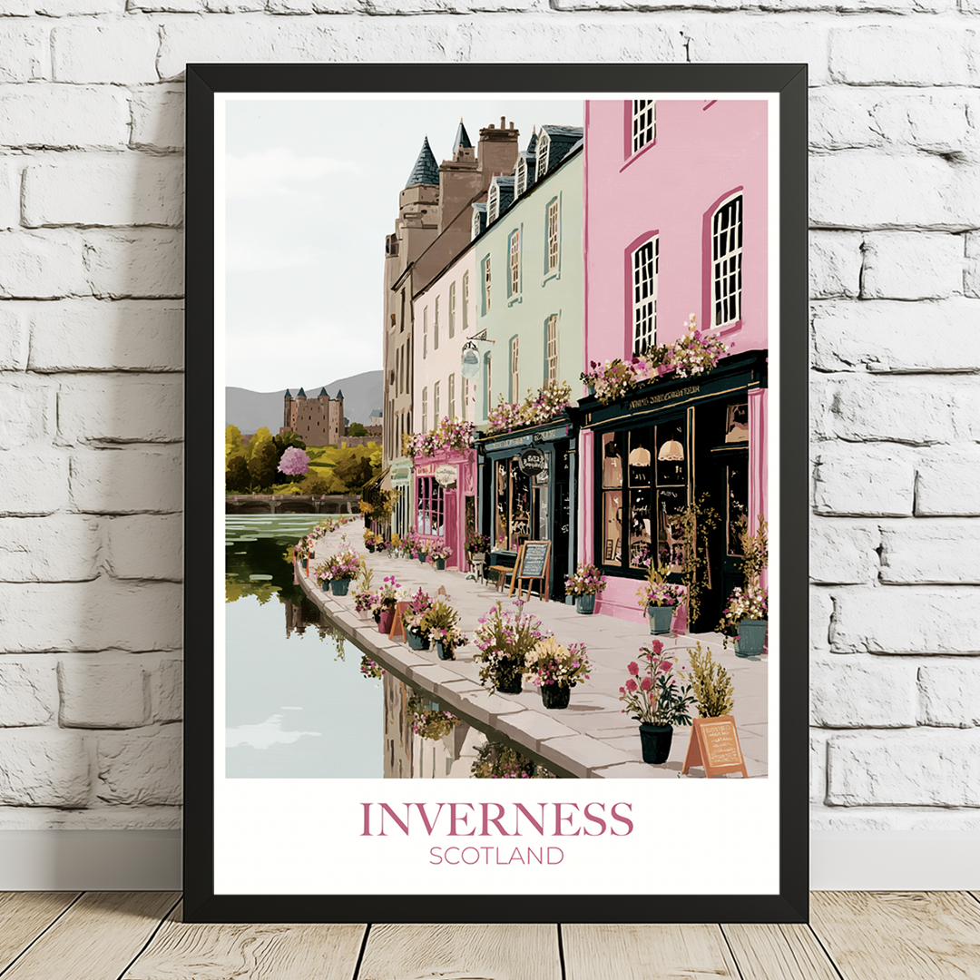 Framed print of a scenic street in Inverness, Scotland with a brick wall background.