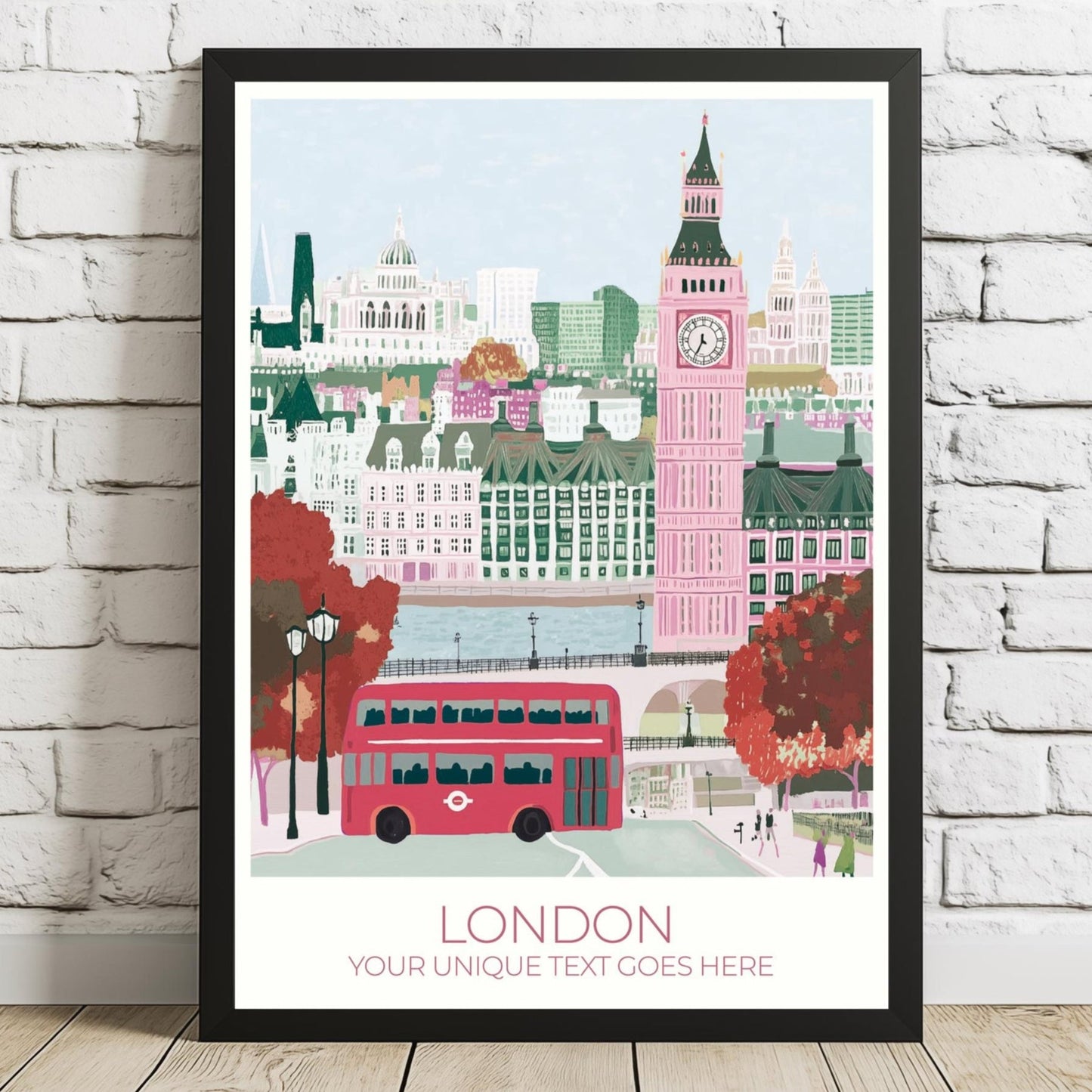 Unframed custom London travel poster print featuring Big Ben, red double-decker bus, and Houses of Parliament. Personalized wall art for London lovers, perfect travel gift or UK-themed home decor with editable text section.