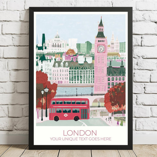Unframed custom London travel poster print featuring Big Ben, red double-decker bus, and Houses of Parliament. Personalized wall art for London lovers, perfect travel gift or UK-themed home decor with editable text section.