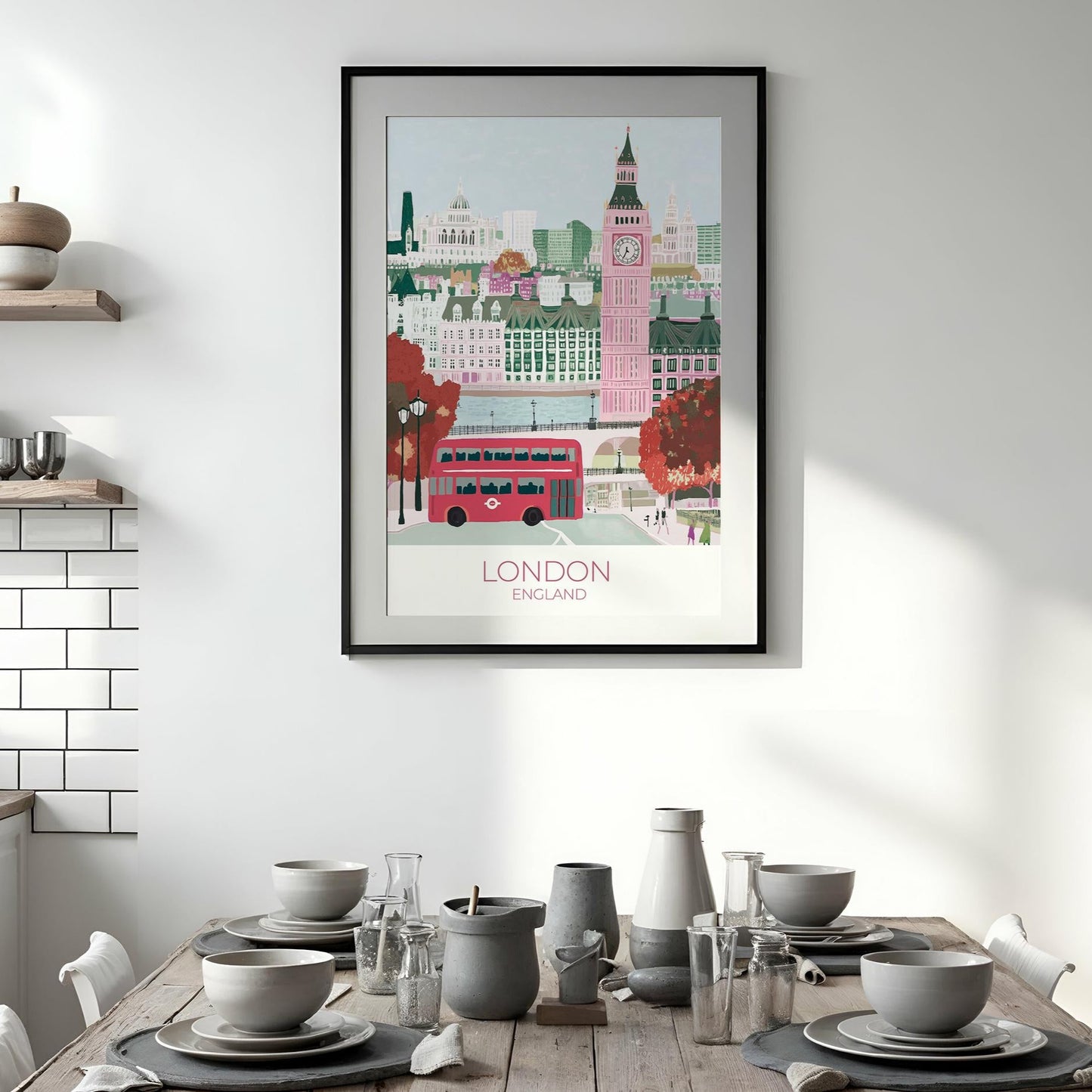 Unframed custom London travel poster print featuring Big Ben, red double-decker bus, and Houses of Parliament. Personalized wall art for London lovers, perfect travel gift or UK-themed home decor with editable text section.