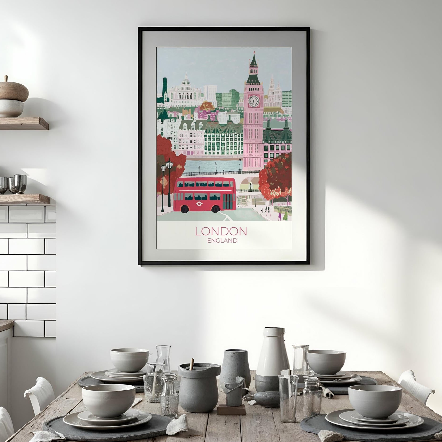 Unframed custom London travel poster print featuring Big Ben, red double-decker bus, and Houses of Parliament. Personalized wall art for London lovers, perfect travel gift or UK-themed home decor with editable text section.