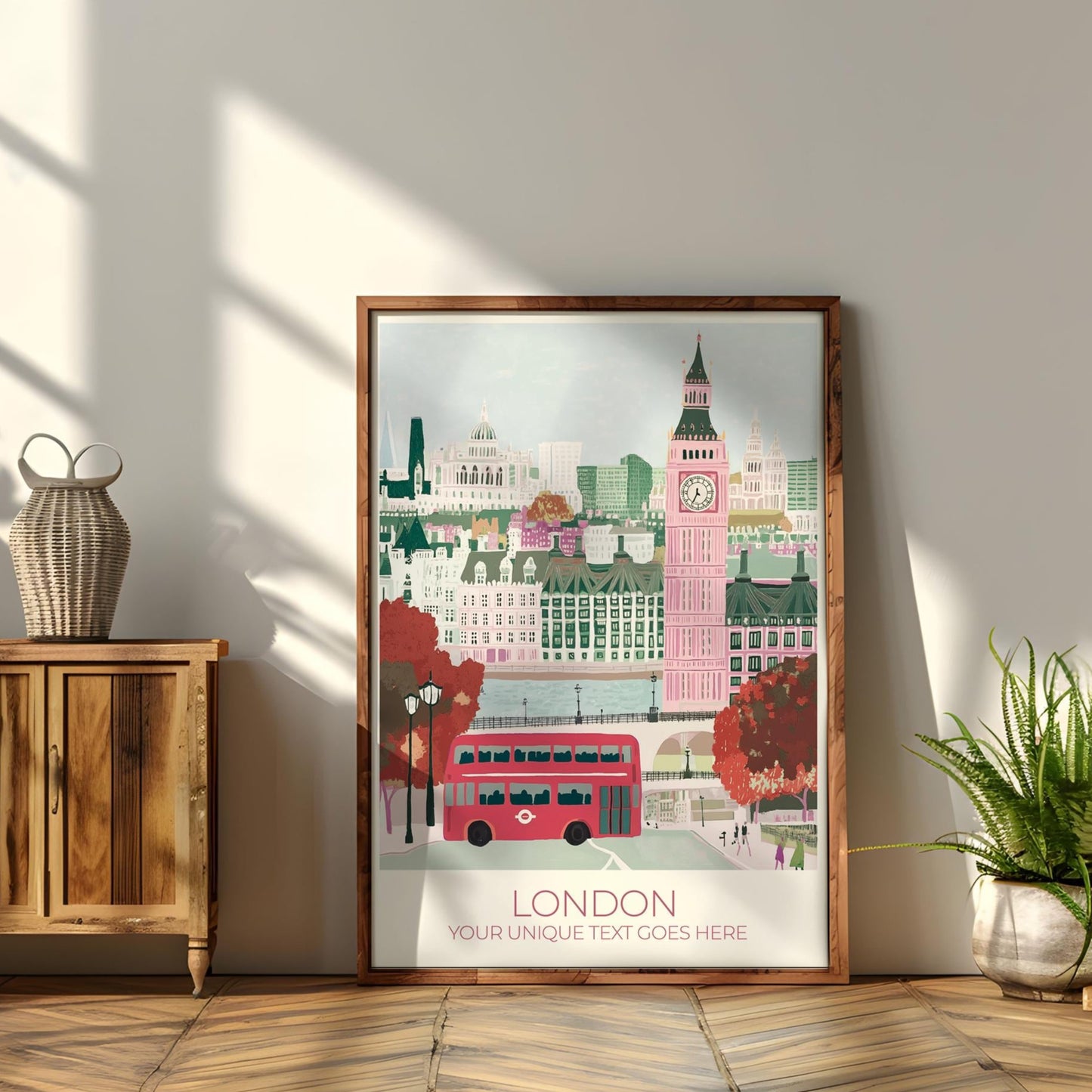 Unframed custom London travel poster print featuring Big Ben, red double-decker bus, and Houses of Parliament. Personalized wall art for London lovers, perfect travel gift or UK-themed home decor with editable text section.