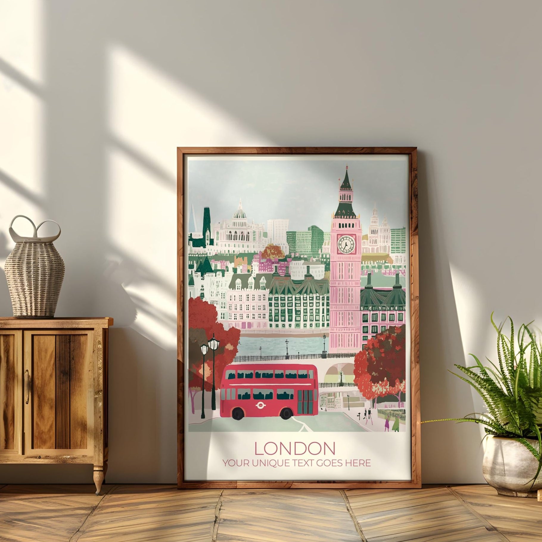 Unframed custom London travel poster print featuring Big Ben, red double-decker bus, and Houses of Parliament. Personalized wall art for London lovers, perfect travel gift or UK-themed home decor with editable text section.