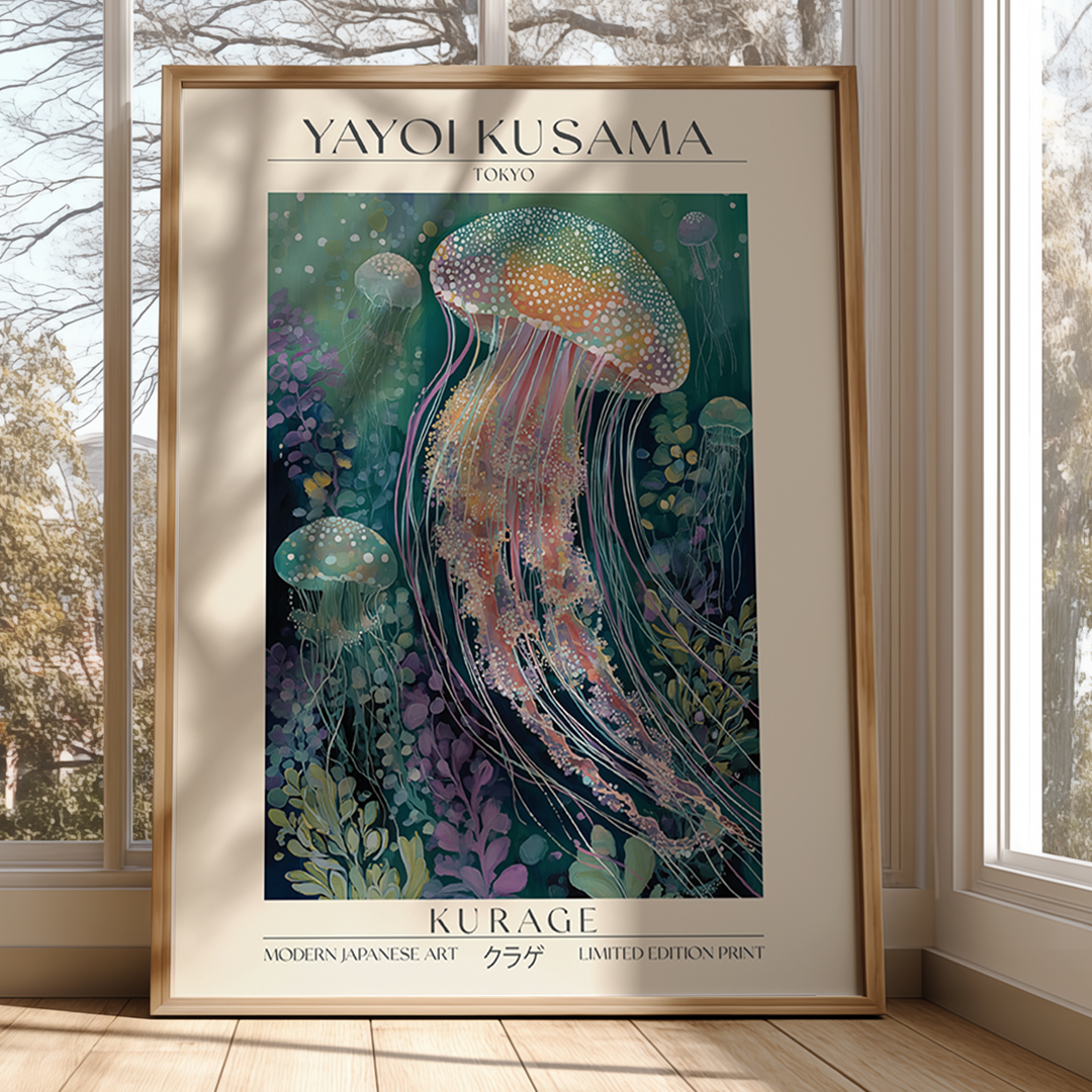 Framed Yayoi Kusama art print of jellyfish in a room with windows.