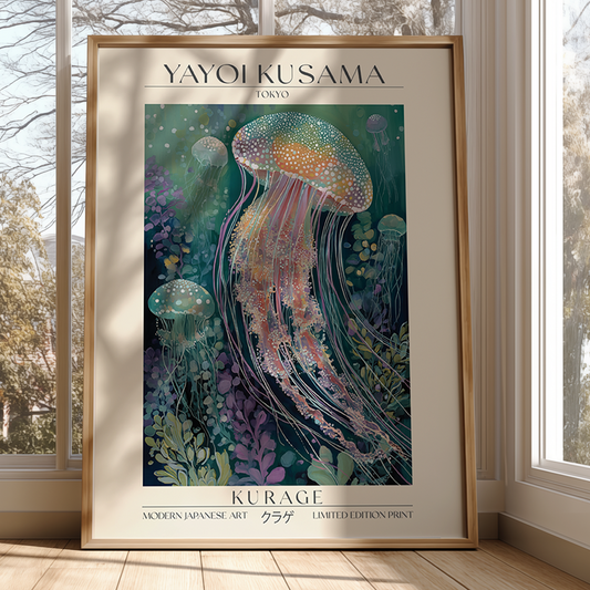 Framed Yayoi Kusama art print of jellyfish in a room with windows.